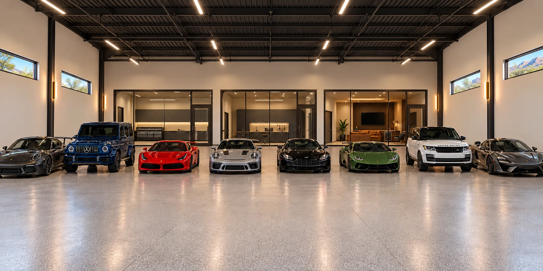 Grand Prix Estate — Main garage interior concept rendering