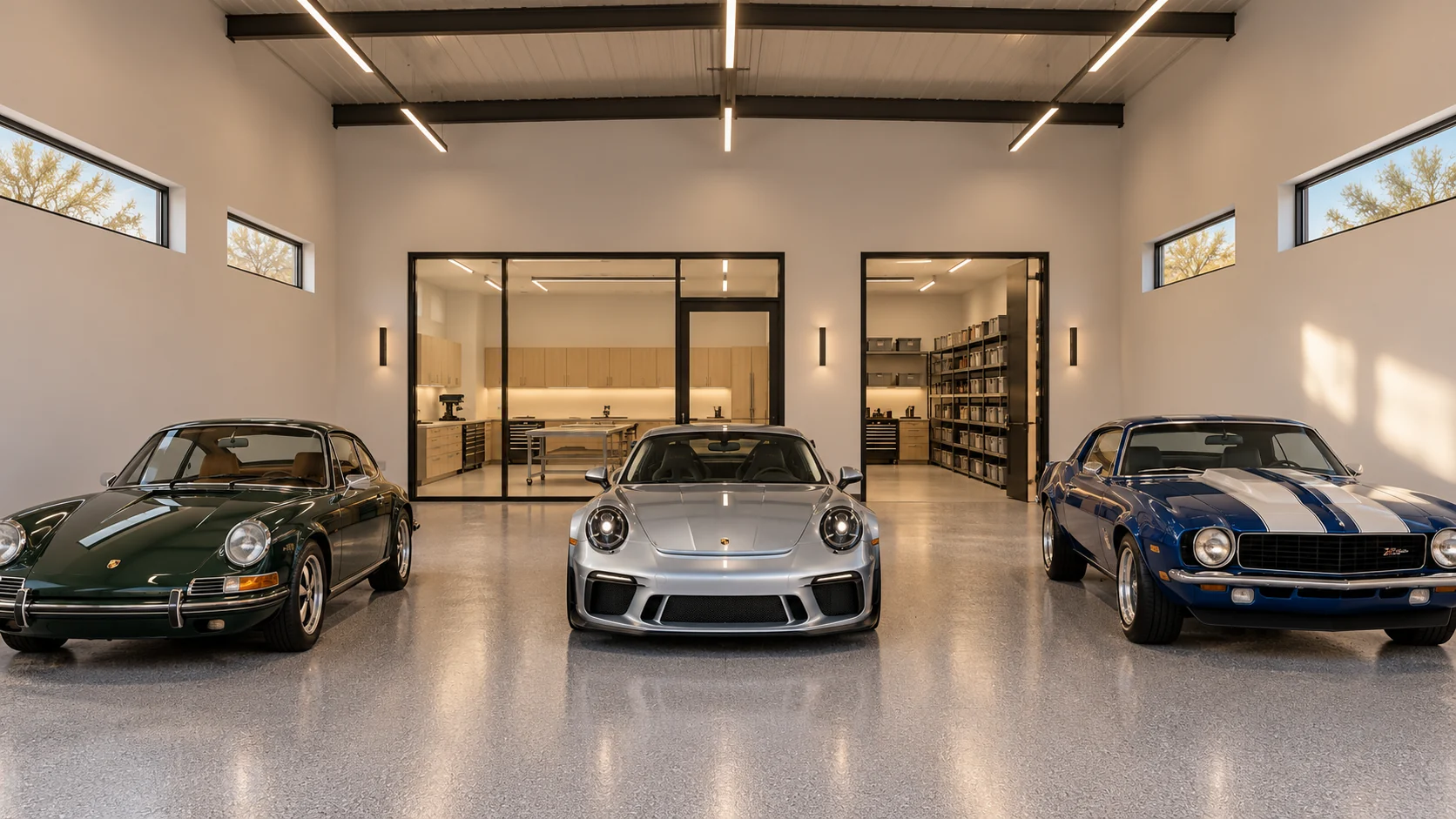 Precision House — Main garage interior concept rendering