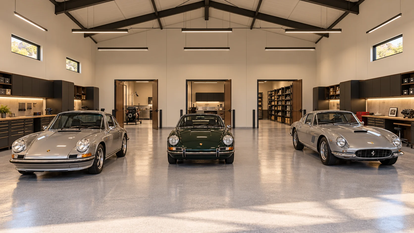 Restoration Works — Main garage interior concept rendering