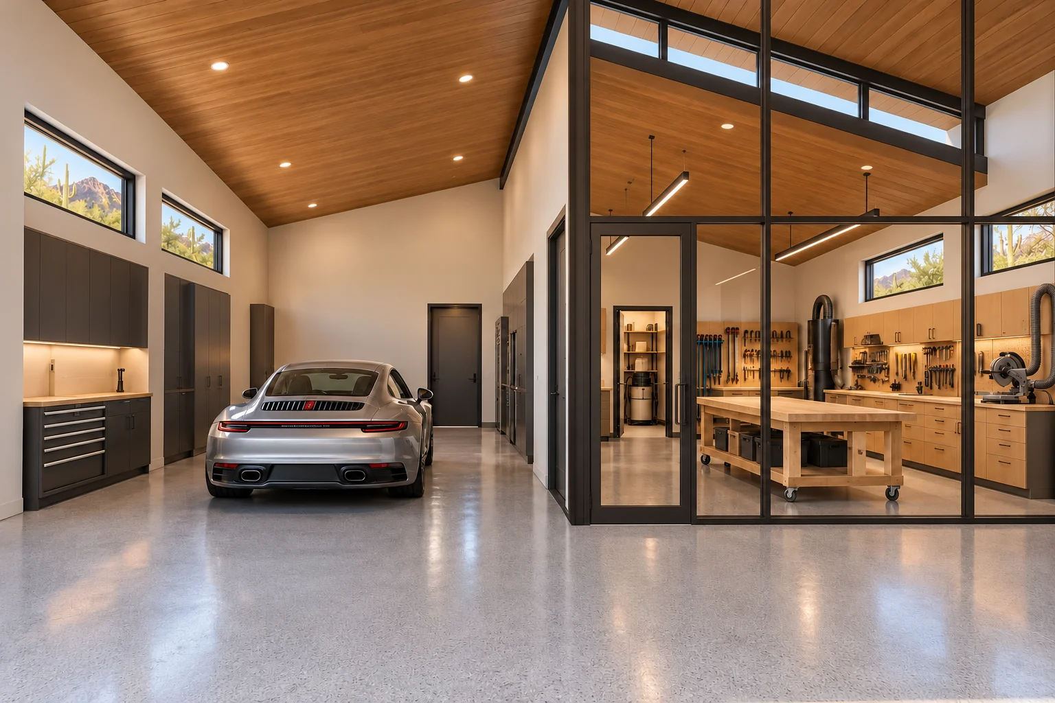 Sawtooth — Main garage interior concept rendering