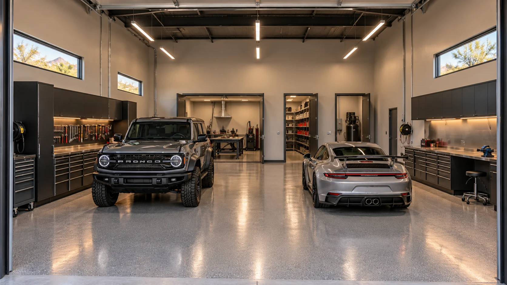 Weld & Wrench — Main garage interior concept rendering