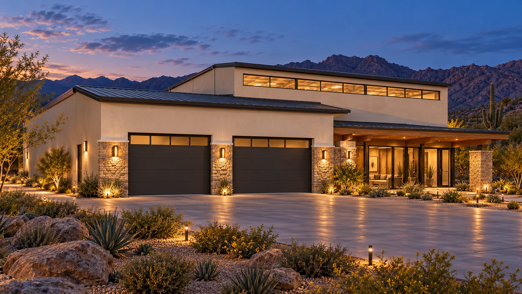 Desert Arena — evening exterior concept rendering