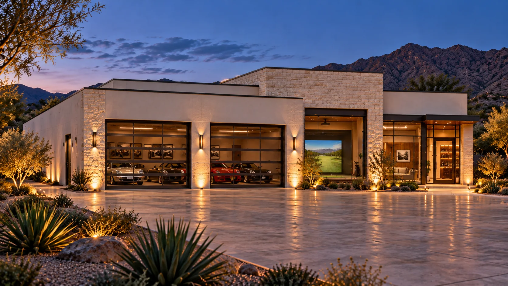 Fairway Lounge — evening exterior concept rendering