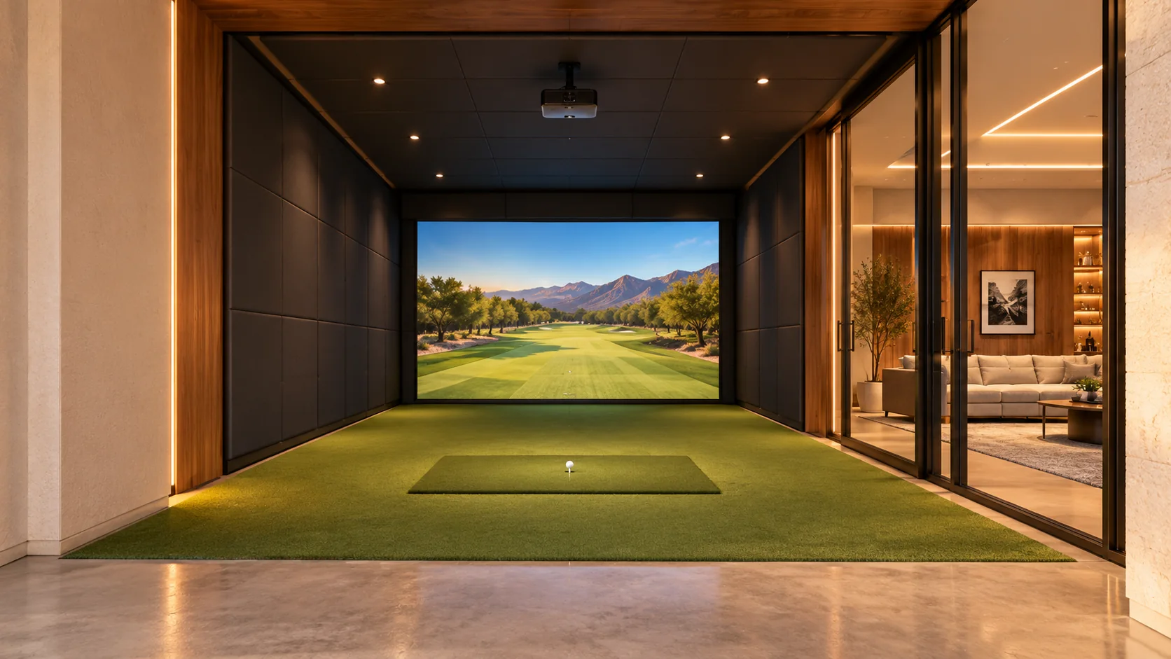 Fairway Lounge — golf simulator concept rendering