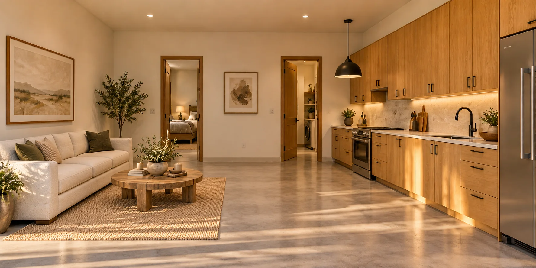 Guest Lane — guest living and kitchen concept rendering