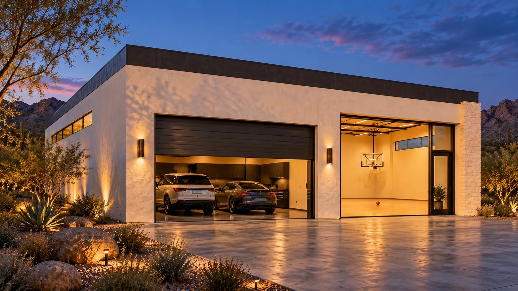 Home Court — evening exterior concept rendering