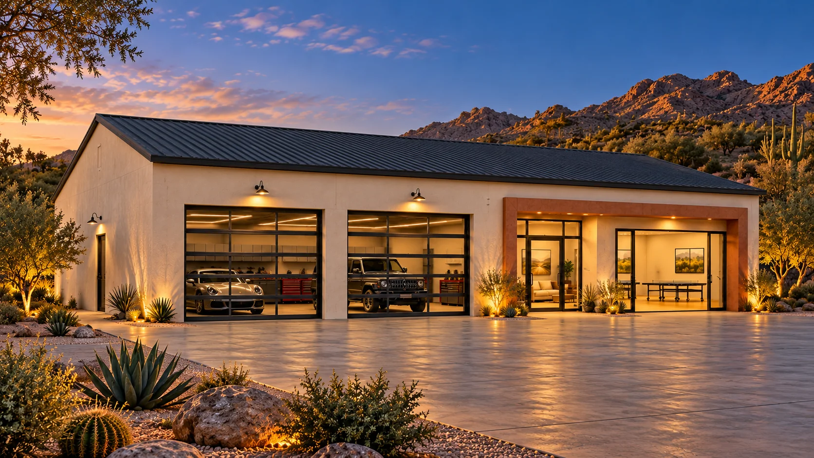Rally House — evening exterior concept rendering