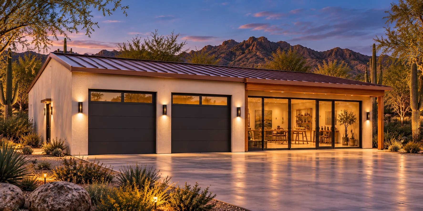 The Studio Wing — evening exterior concept rendering