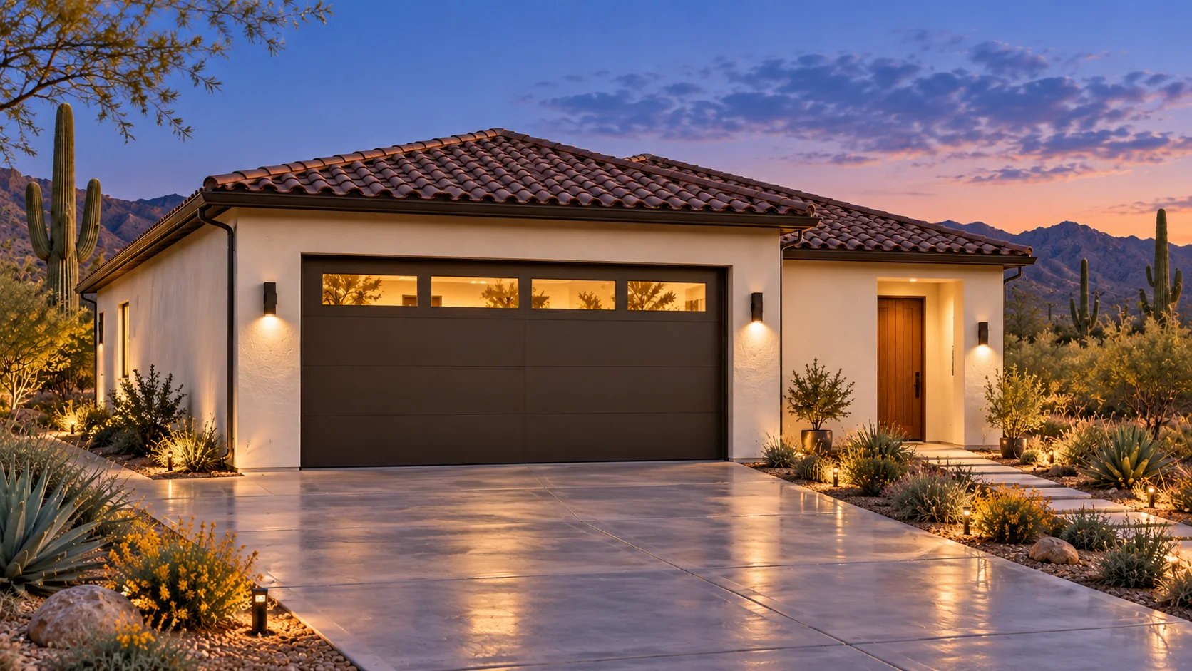 Work & Stay — evening exterior concept rendering