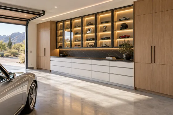 The Curator Wall garage concept with white, rift oak & charcoal cabinetry and display wall with tall end cabinets.