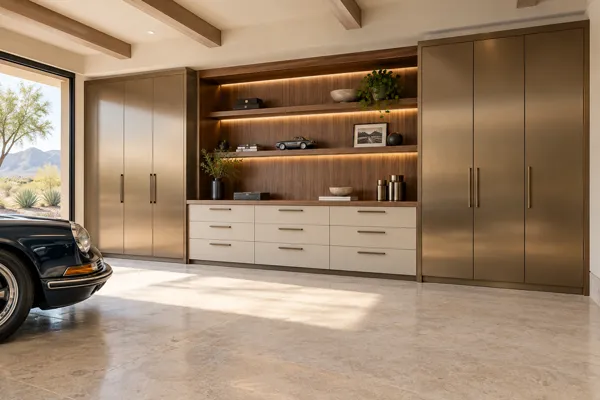 Bronze Reserve garage concept with champagne bronze, cream & walnut cabinetry and symmetrical wall with recessed center counter.