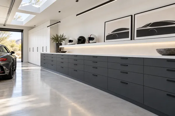 Monochrome Motor Room garage concept with porcelain white, graphite & black cabinetry and continuous low storage beneath display ledge.