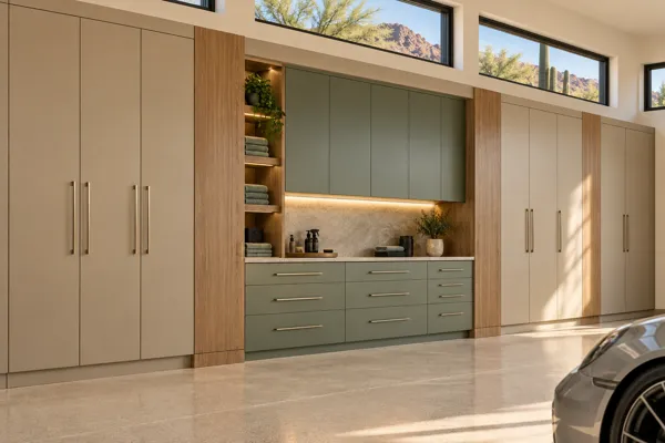 Desert Modern Gallery garage concept with warm sand, oak & muted green cabinetry and storage towers and inset detailing station.