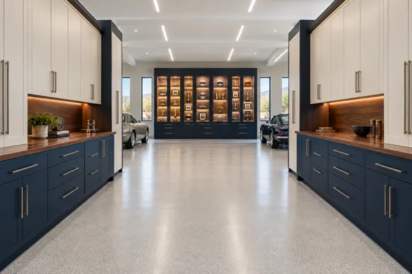 The Grand Bay garage concept with navy, cream & walnut cabinetry and two cabinet walls with central display aisle.