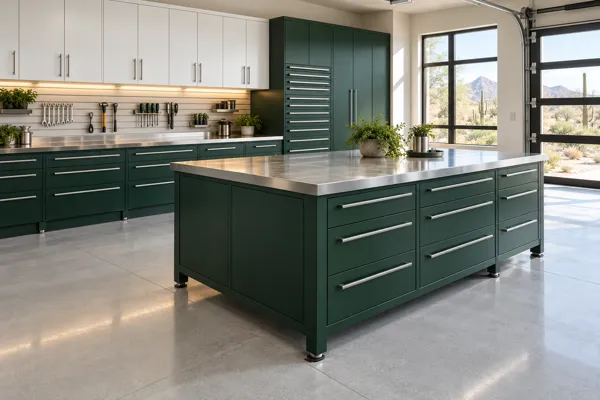 The Precision Island garage concept with deep green, brushed steel & white cabinetry and freestanding work island and rear wall storage.