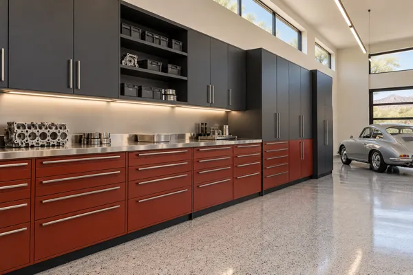 Restoration Row garage concept with red oxide, graphite & stainless cabinetry and drawer wall and dedicated parts counter.