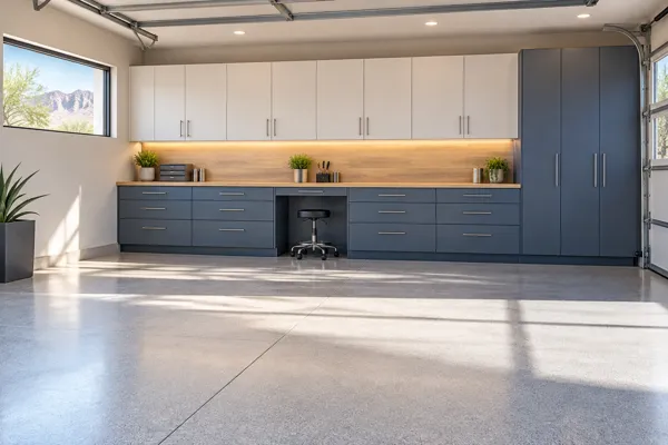 The Daily Workshop garage concept with warm white, light oak and slate cabinetry along a compact rear work wall.