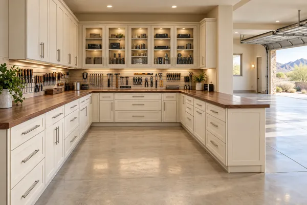 The Craftsman's Corner garage concept with walnut, ivory & brushed nickel cabinetry and u-shaped project alcove.