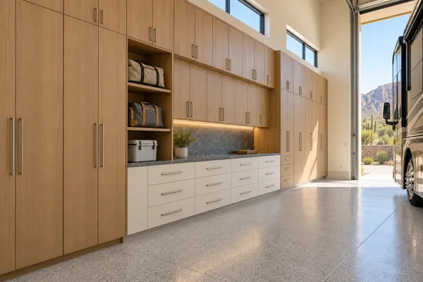 Departure Lounge architectural concept: oak + ivory long cabinet wall in a luxury garage