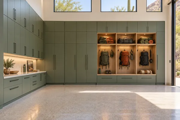 Desert Atlas architectural concept: sage + natural oak locker wall + bench in a luxury garage