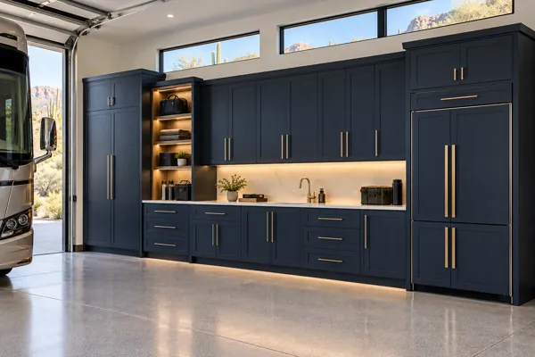 Coach Concierge architectural concept: deep navy + champagne back wall + side towers in a luxury garage
