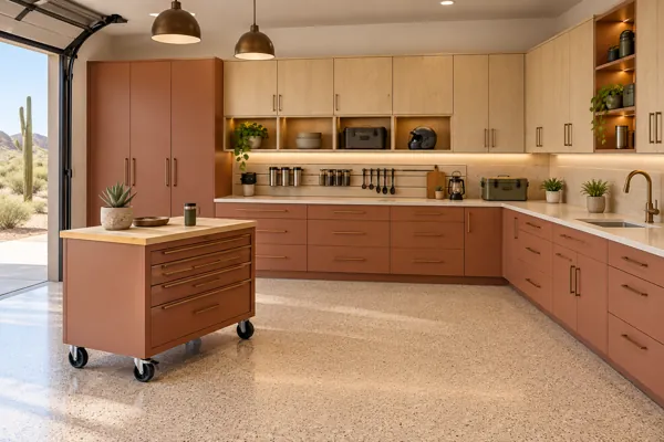 Trail Station architectural concept: terracotta + birch corner cabinetry + rolling bench in a luxury garage