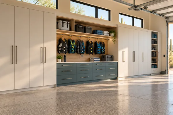 Lakebound Locker architectural concept: mist white + muted teal two-tone storage wall in a luxury garage