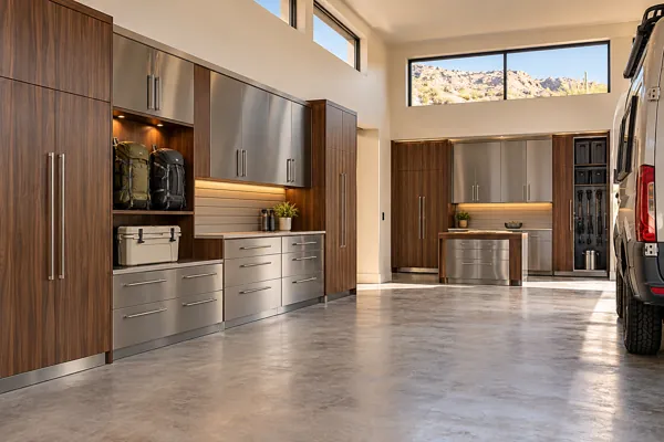 Ridgeline Ready architectural concept: walnut + brushed metal double-wall staging in a luxury garage