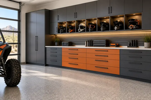 Pit Crew Packout architectural concept: graphite + burnt orange cabinet wall + helmet bays in a luxury garage