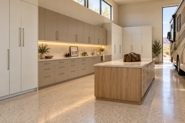 Rolling Retreat architectural concept: sand + warm white utility wall + packing island in a luxury garage