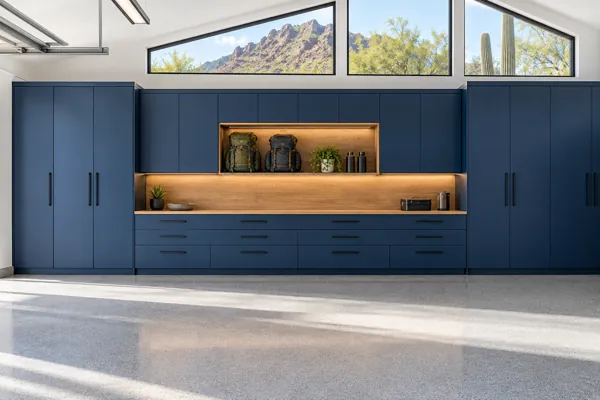 Expedition Wall architectural concept: cobalt + oak full-height wall with open niche in a luxury garage