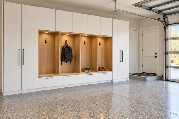 Family Landing architectural concept: white + honey oak entry lockers + bench in a luxury garage
