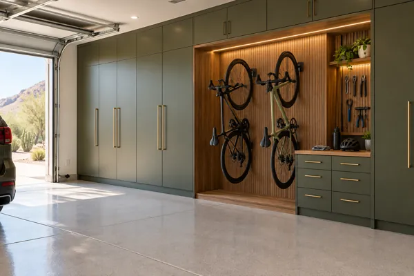 Pedal House architectural concept: olive + brushed brass bike wall + enclosed cabinets in a luxury garage