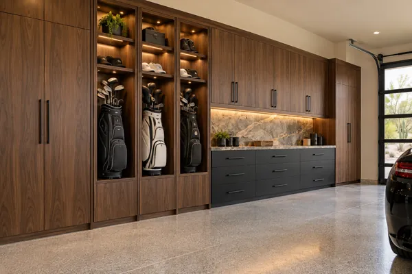 Fairway Locker architectural concept: walnut + soft black golf towers + prep counter in a luxury garage