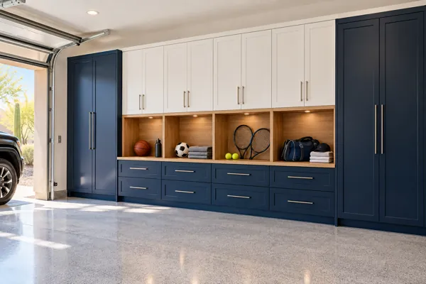 Game-Day Wall architectural concept: navy + white sports lockers + display shelf in a luxury garage
