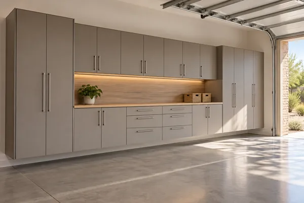 Everyday Edit architectural concept: warm gray + pale oak raised cabinet wall in a luxury garage