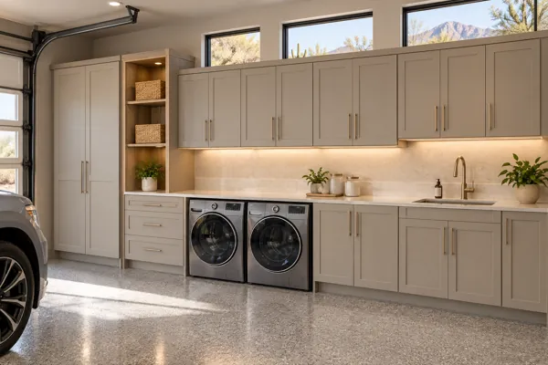 Clean Start architectural concept: greige + champagne utility wall + closed storage in a luxury garage