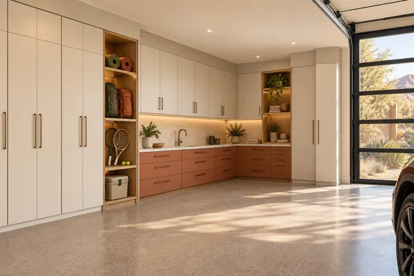 Sunset Gear Club architectural concept: warm ivory + terracotta l-shaped gear cabinetry in a luxury garage