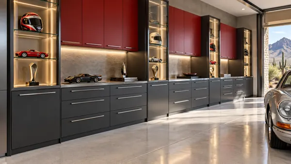 Trackside Archive luxury garage cabinet concept in graphite, racing red & silver
