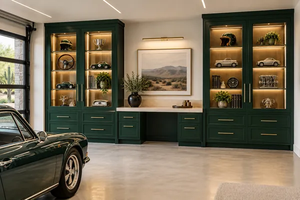 Emerald Gallery luxury garage cabinet concept in deep emerald, limestone & champagne
