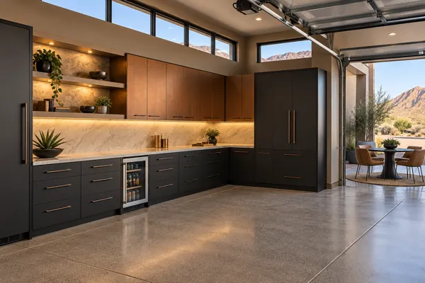 Copper Corner Club luxury garage cabinet concept in copper, charcoal & cream