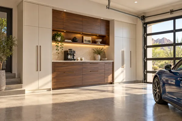 Morning Motor Club luxury garage cabinet concept in ivory, walnut & bronze
