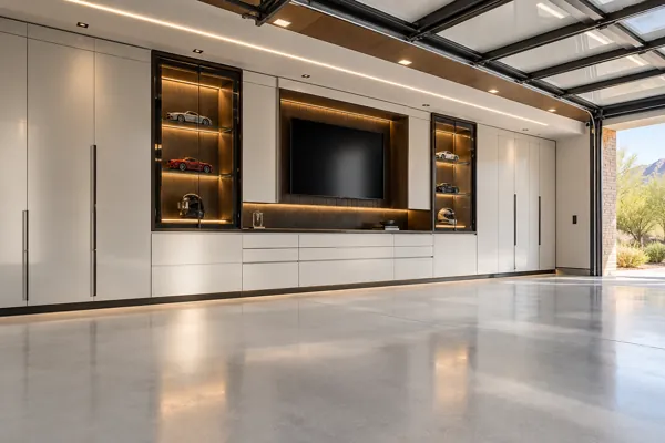 The Showcase Wall luxury garage cabinet concept in pearl white, smoked glass & dark oak