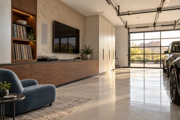 The Listening Garage luxury garage cabinet concept in walnut, cream & muted blue