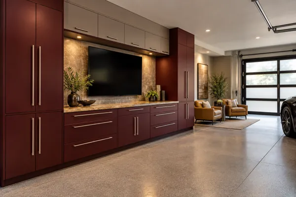 Grandstand Lounge luxury garage cabinet concept in oxblood, taupe & brushed nickel