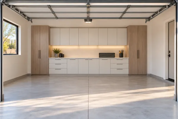 Pearl Precision luxury garage cabinet concept in pearl white & pale ash