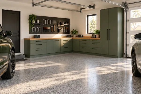 Sage Corner luxury garage cabinet concept in sage, natural oak & black