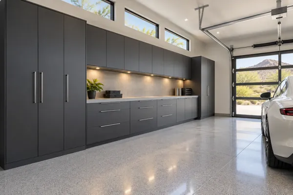 Graphite Slimline luxury garage cabinet concept in soft graphite & light gray