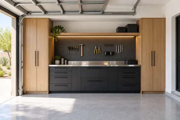 Oak & Alloy luxury garage cabinet concept in white oak, matte black & stainless