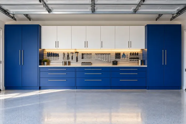 Cobalt Weekend luxury garage cabinet concept in cobalt blue, white & silver